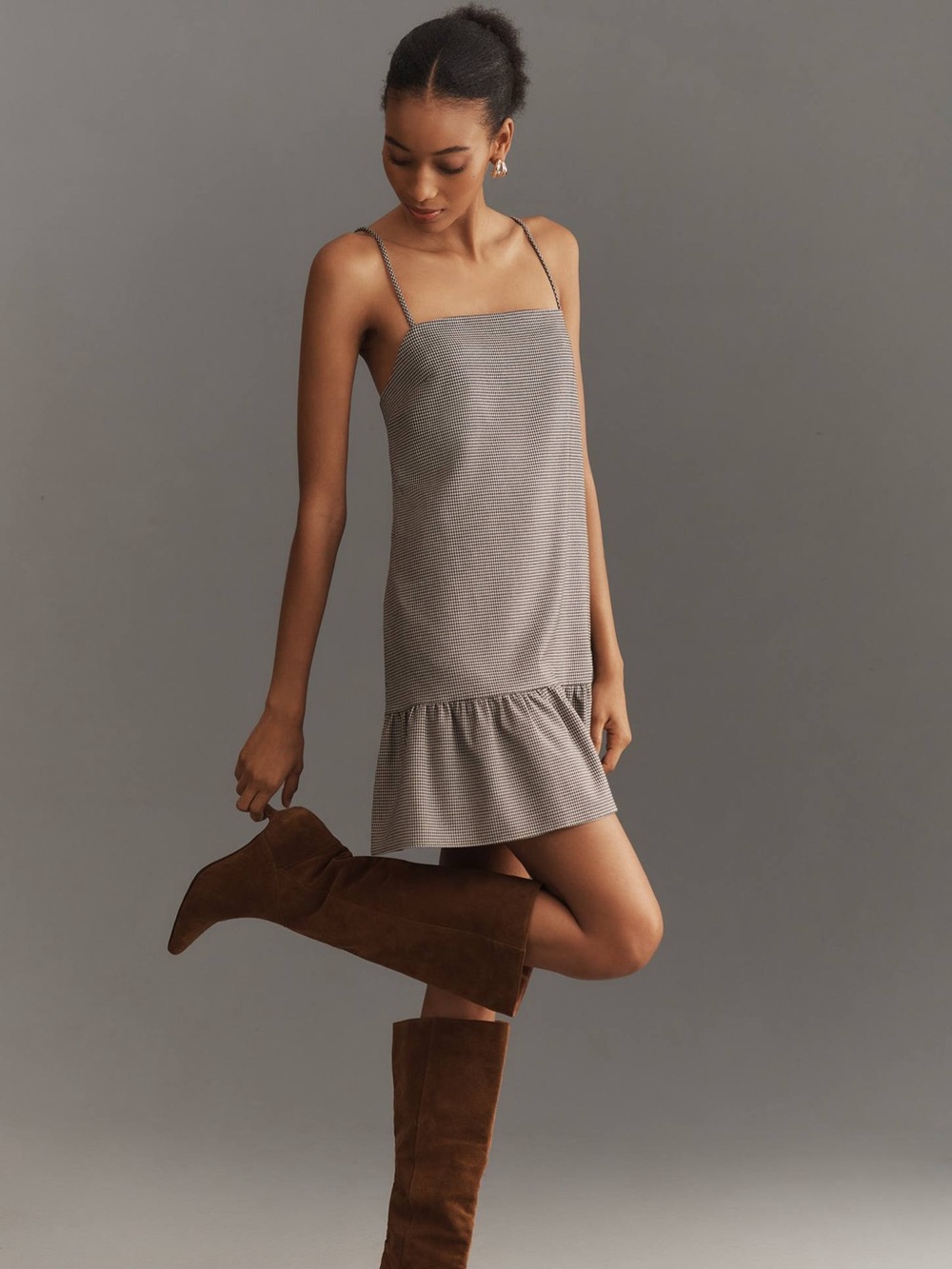 Maeve Square-Neck Shift Mini Dress Peplum Flounce Hem Herringbone Anthropologie